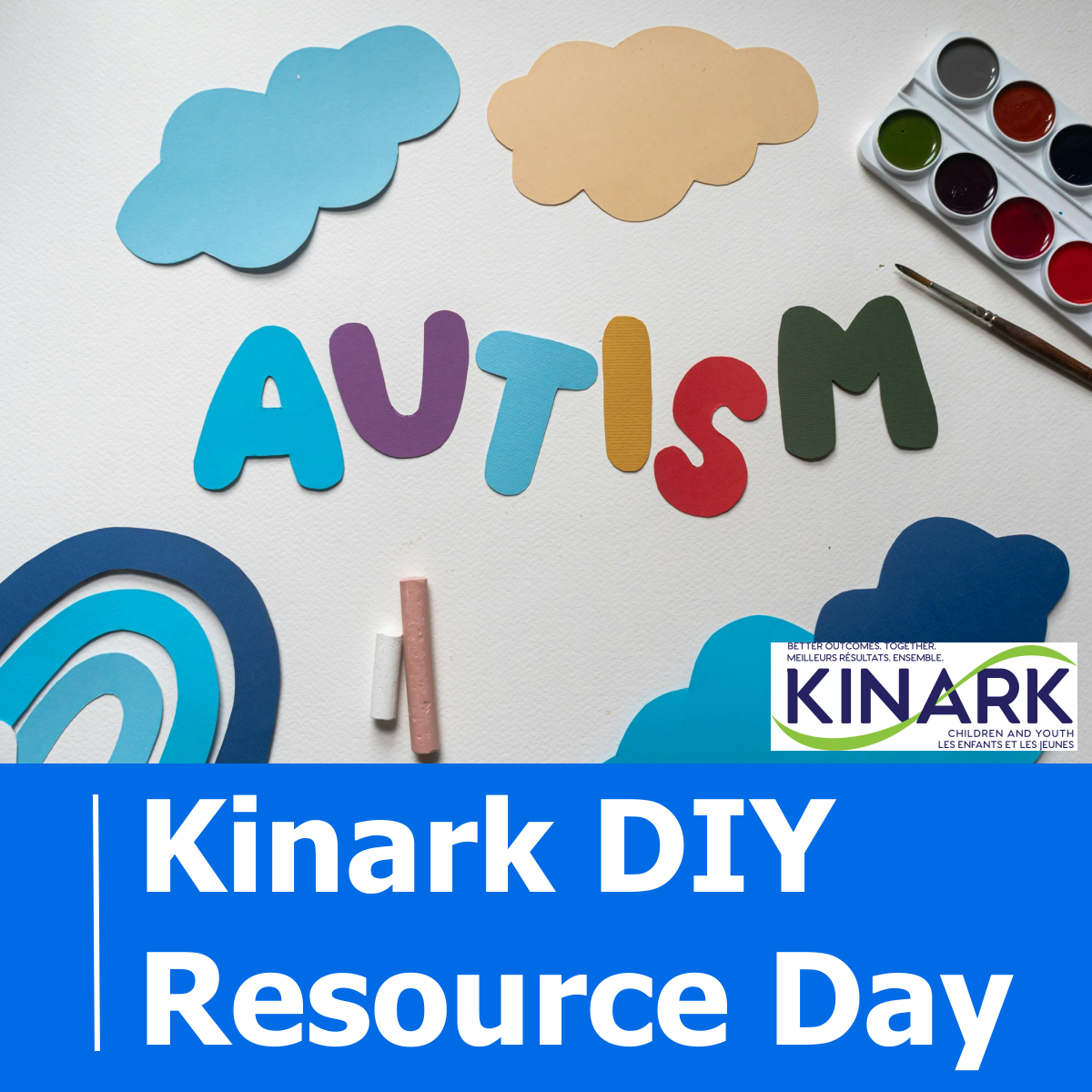 Photo of flatlay of cut paper shapers, including the word AUTISM and the logo for Kinark CHild & Family Services