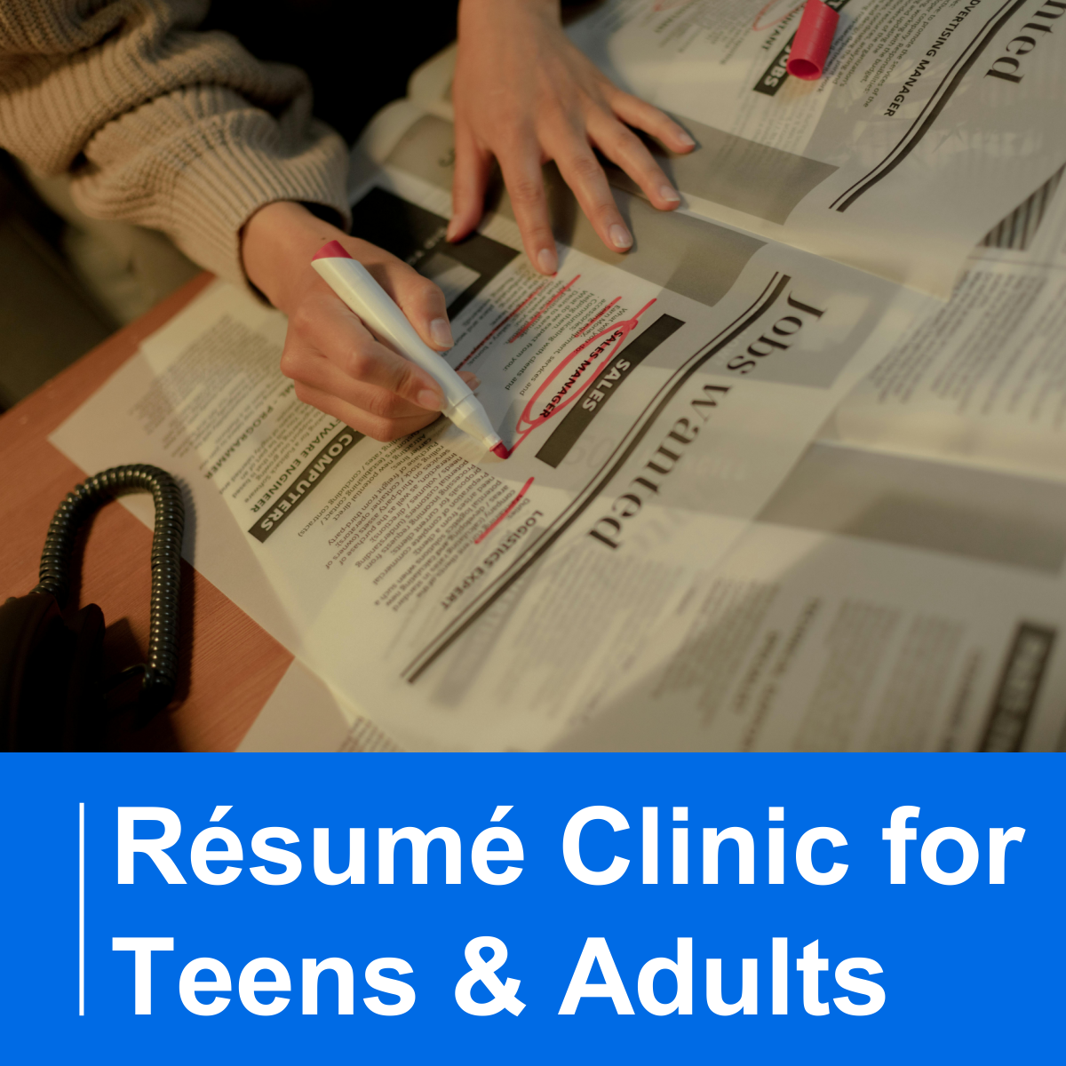 Two hands on a newspaper page, titles Jobs Wanted, with red circles and lines marked on the page. Text reads: Resume Clinic for Teens & Adults.